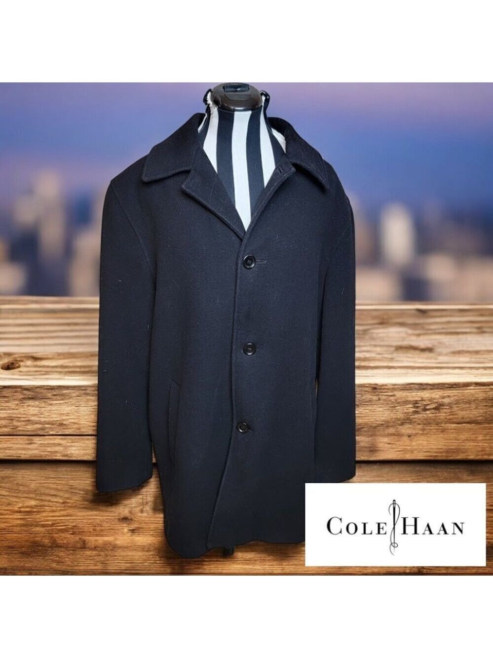 Cole Haan Men's Wool Car Coat with Leather Style Trim - Mens Size M